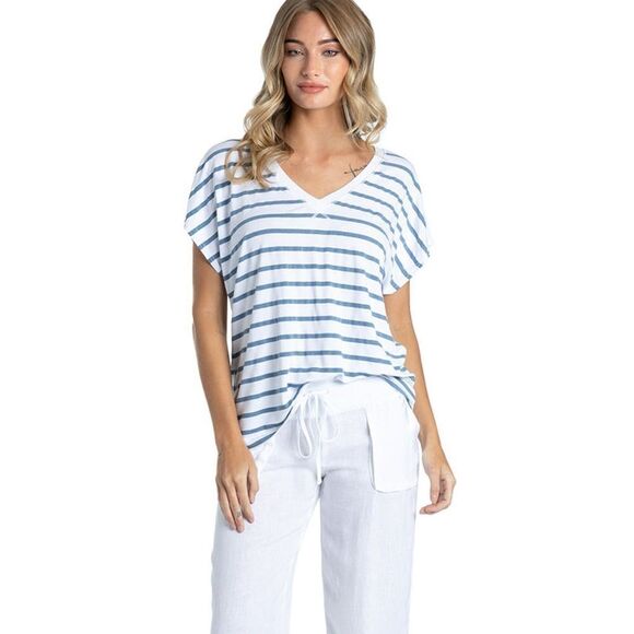 Hardtail Clothing Blue & White Striped Short Sleeved Vneck Top Size Lrg NWT USA - Picture 1 of 16